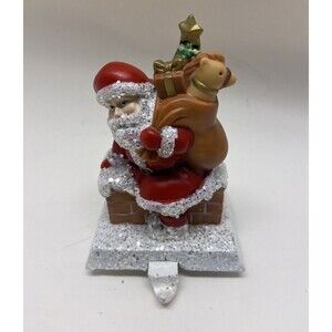Santa Claus In Chimney Stocking Holder Cast Iron Base with Resin Top Glitter 2lb
